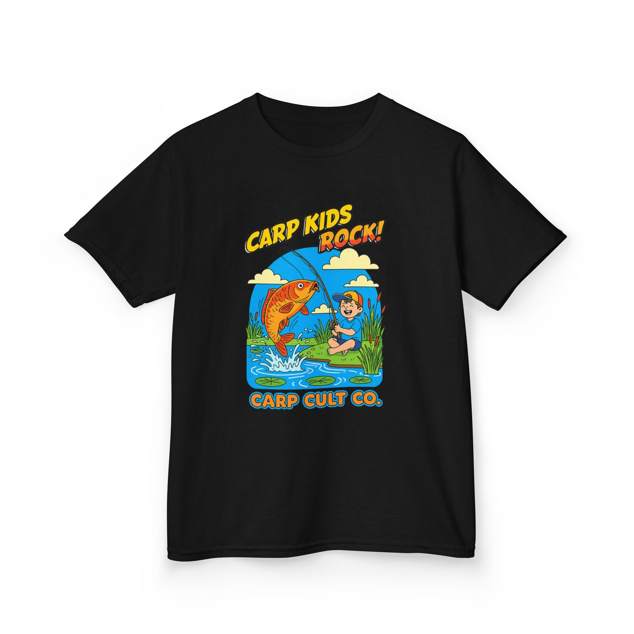 Kids Fishing Tee – "Carp Kids Rock!" Graphic Shirt for Young Anglers