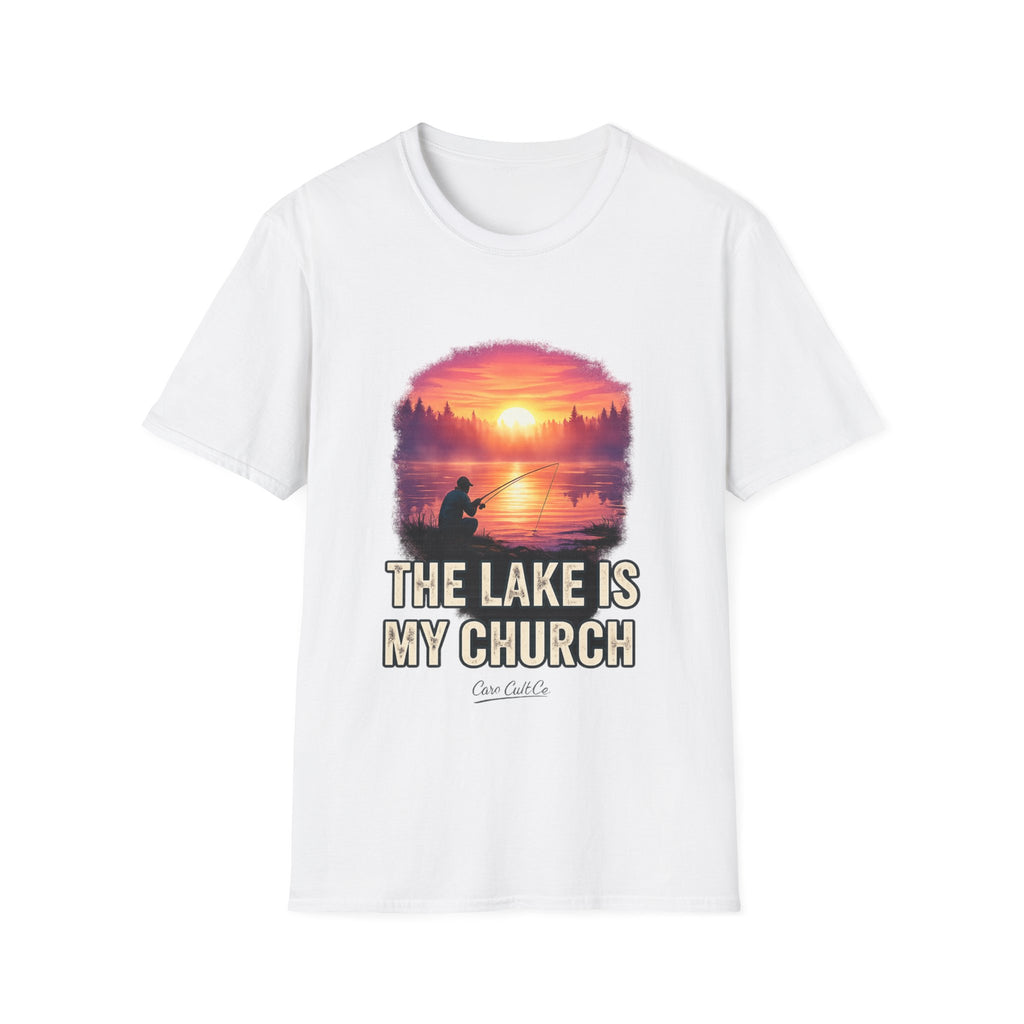 Lake Fishing T-Shirt — “The Lake Is My Church” Sunset Fishing Tee