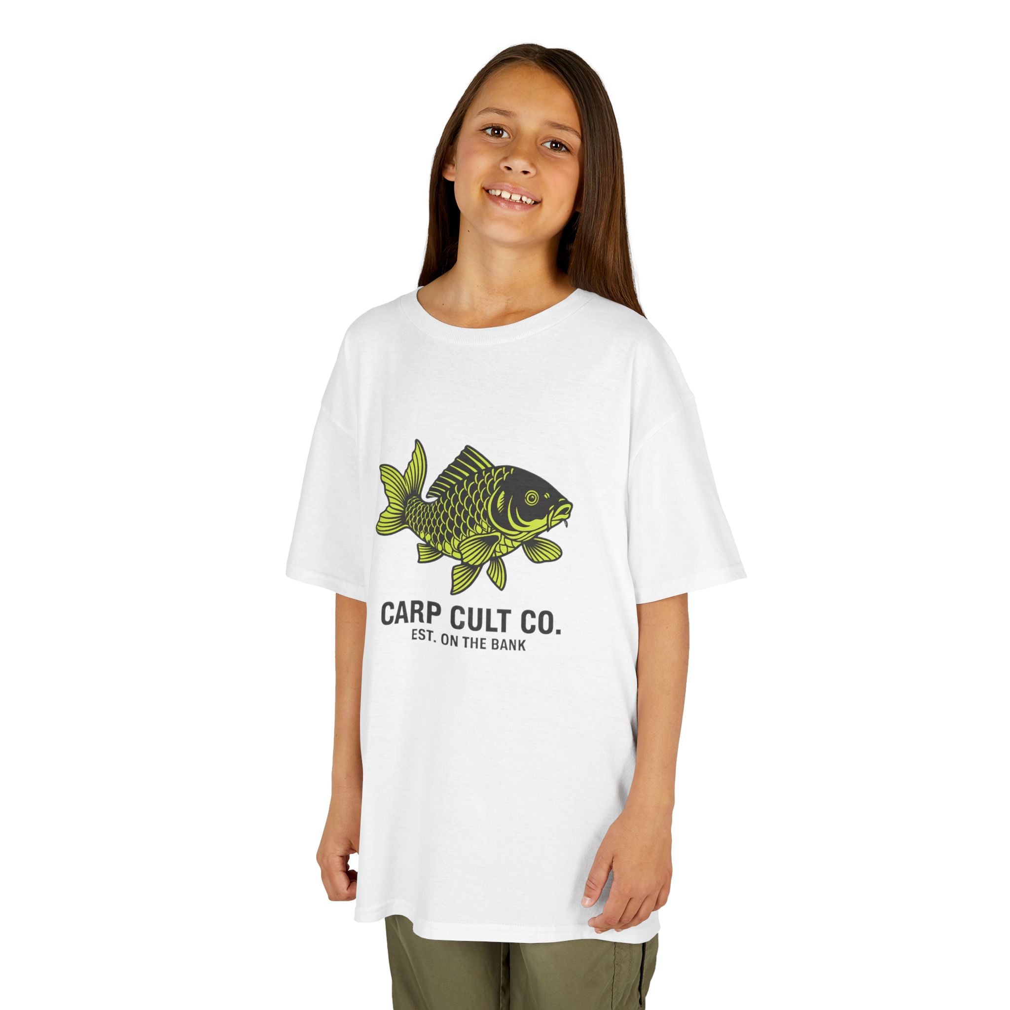 Kids Carp Cult Co. Tee — Green Carp Fishing Graphic Shirt