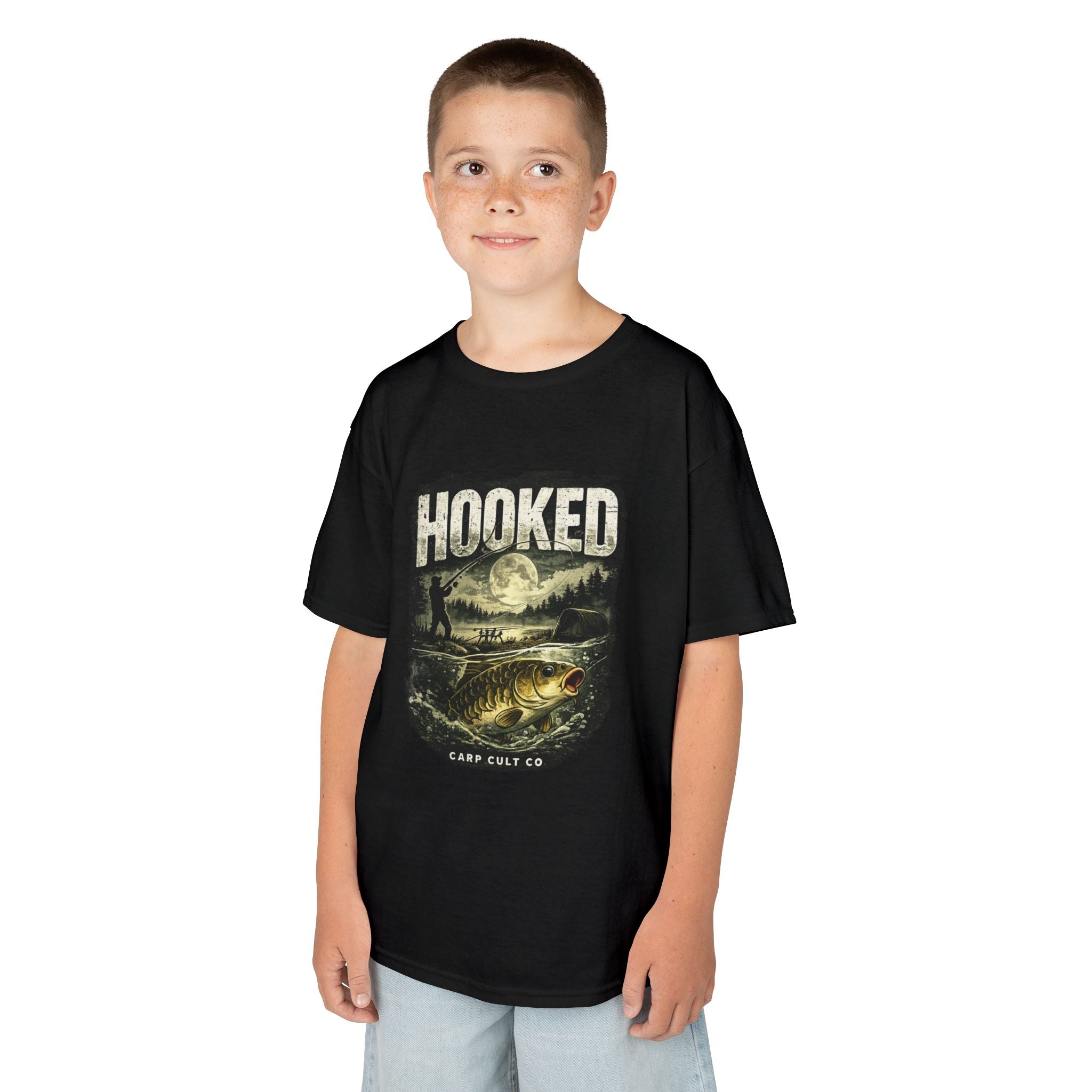 Kids T-Shirt — "Hooked" Fishing Graphic Tee for Young Anglers