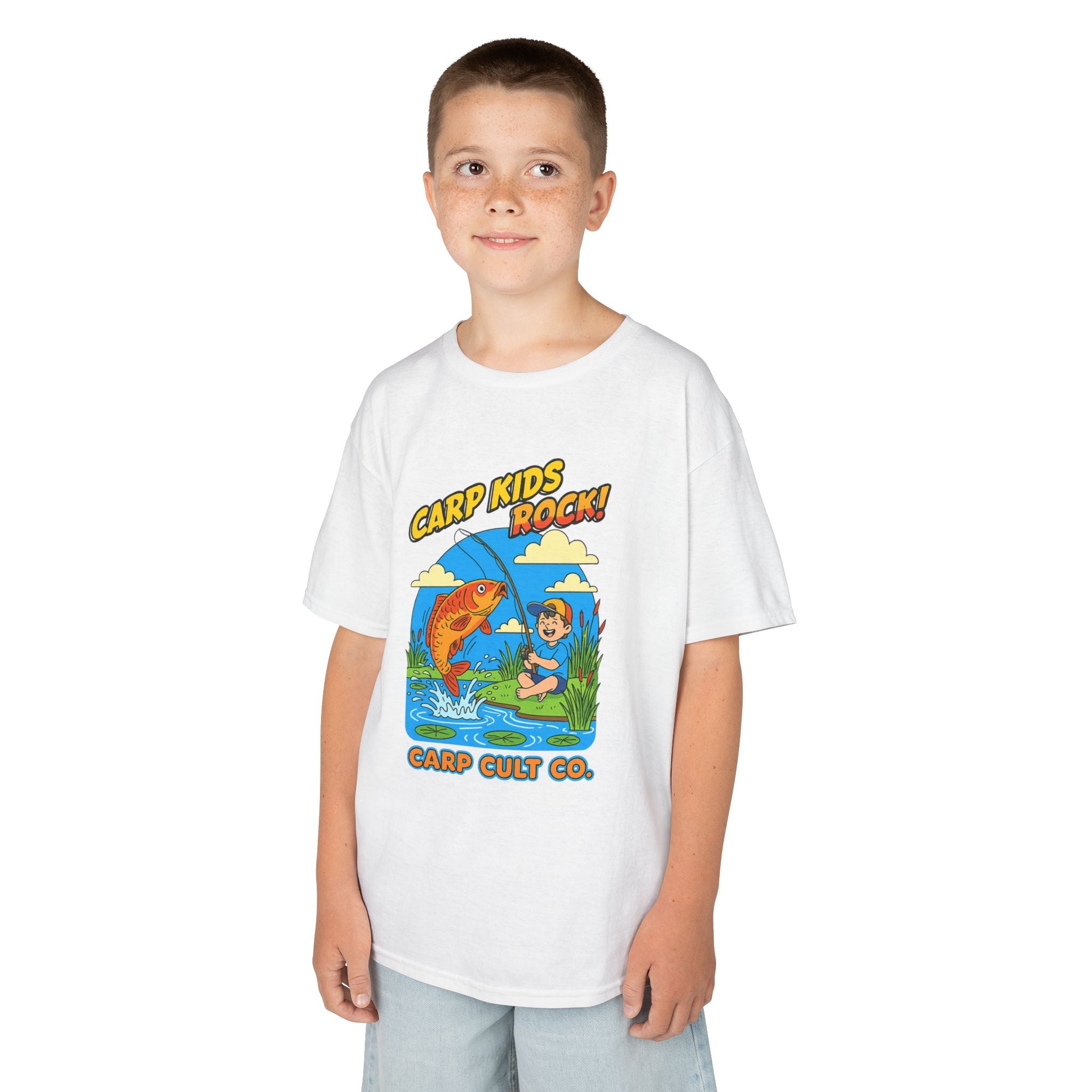Kids Fishing Tee – "Carp Kids Rock!" Graphic Shirt for Young Anglers