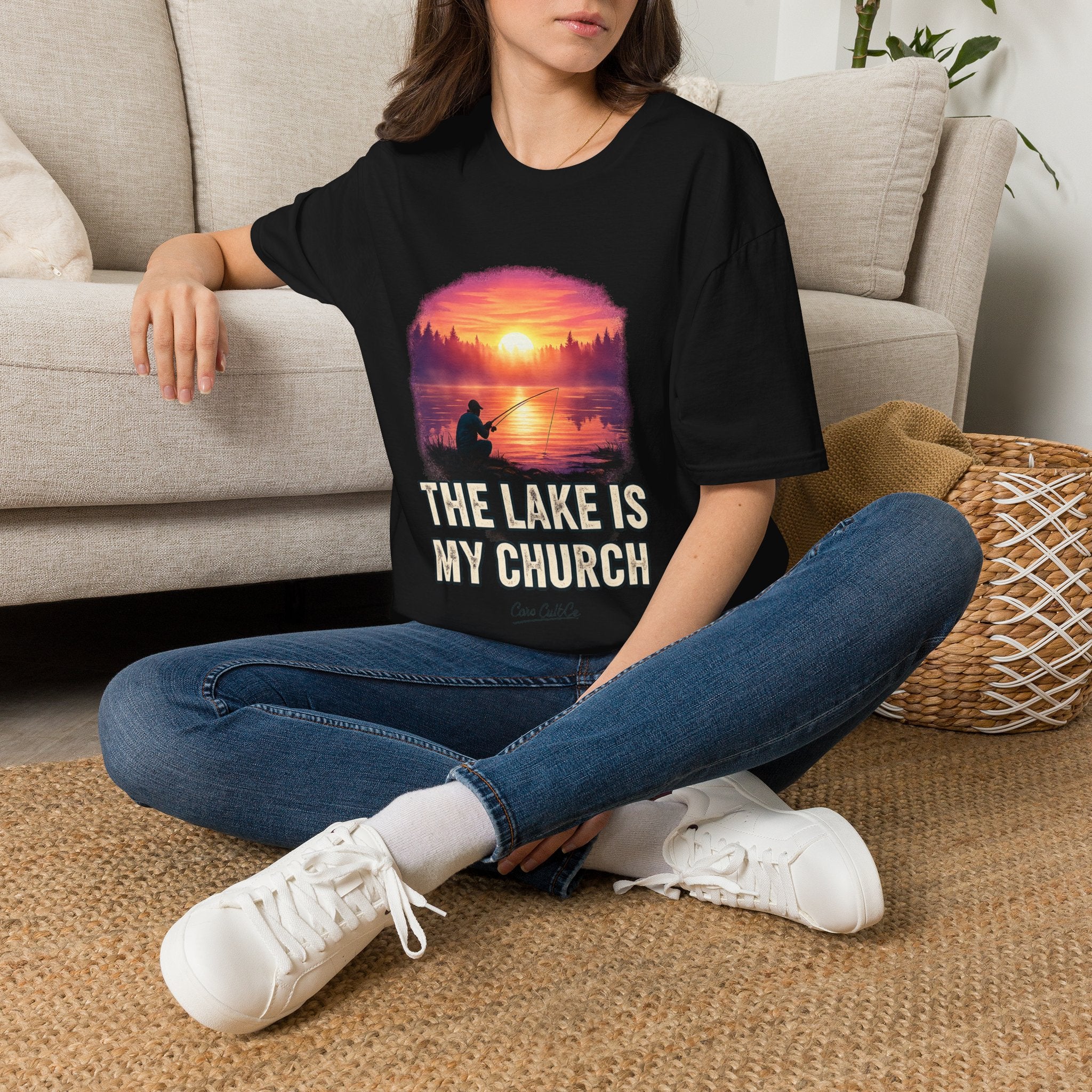 Lake Fishing T-Shirt — “The Lake Is My Church” Sunset Fishing Tee