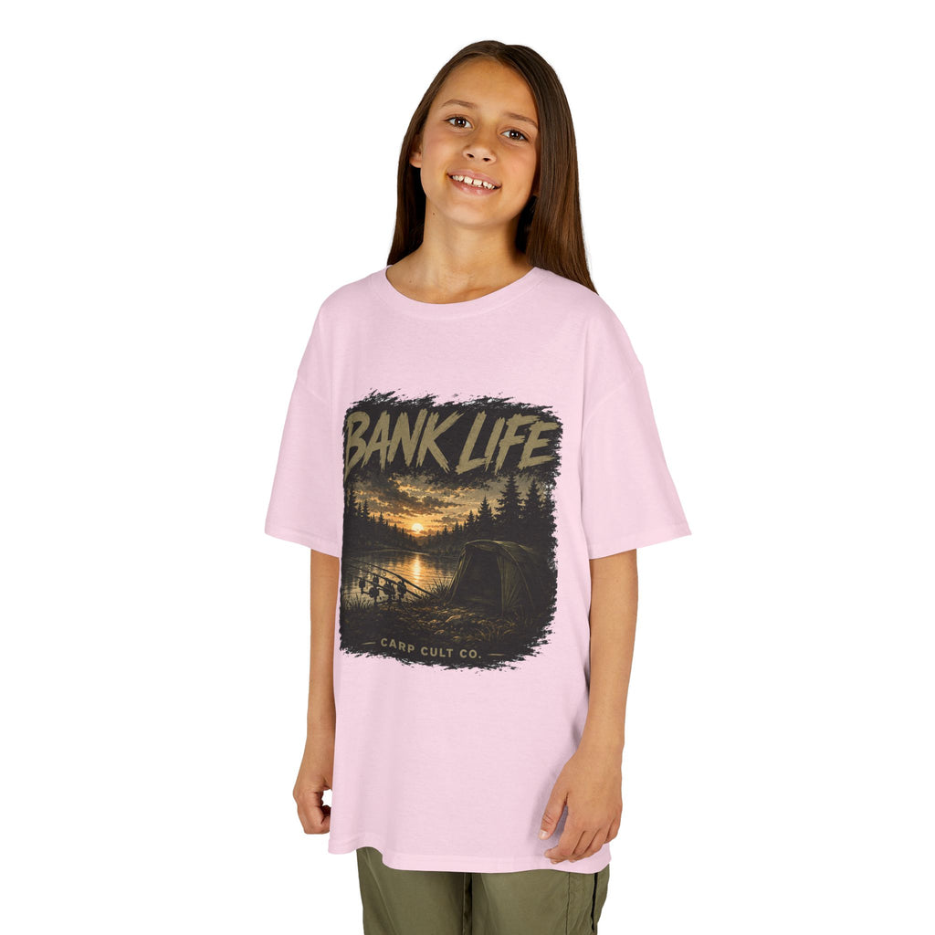 Kids Tee — 'Bank Life' Sunset Lake Fishing Graphic