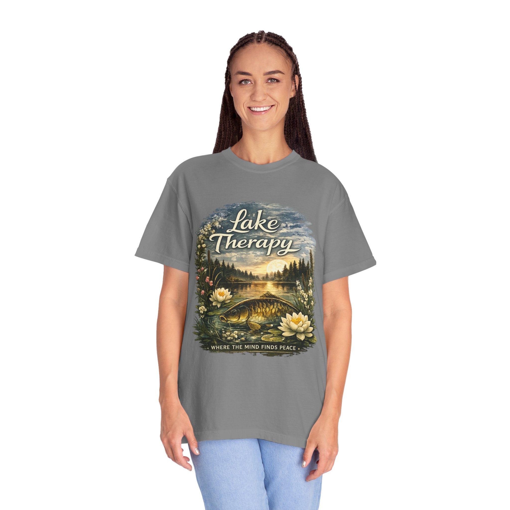 Lake Therapy T-Shirt — Scenic Nature Tee with 'Where the Mind Finds Peace'