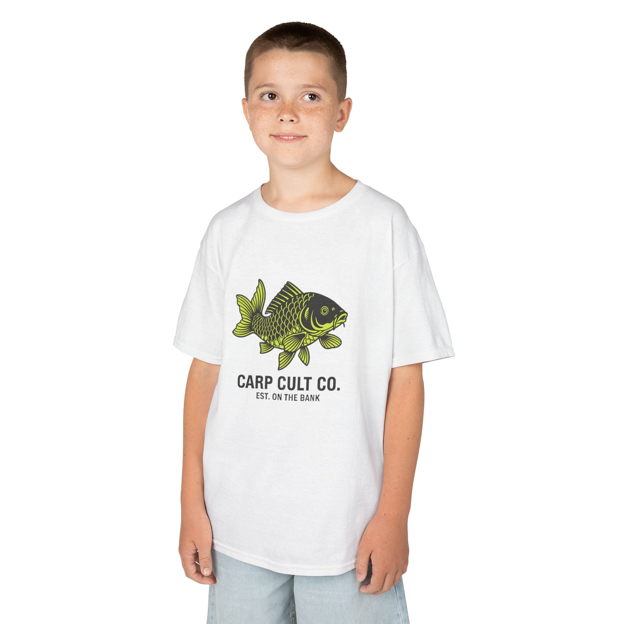 Kids Carp Cult Co. Tee — Green Carp Fishing Graphic Shirt