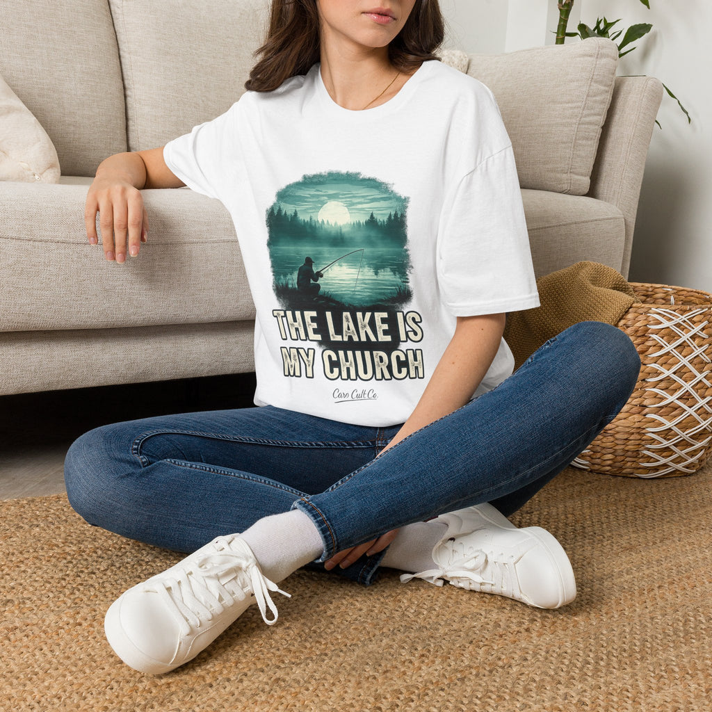 Fishing T-Shirt — “The Lake Is My Church” Scenic Fishing Shirt