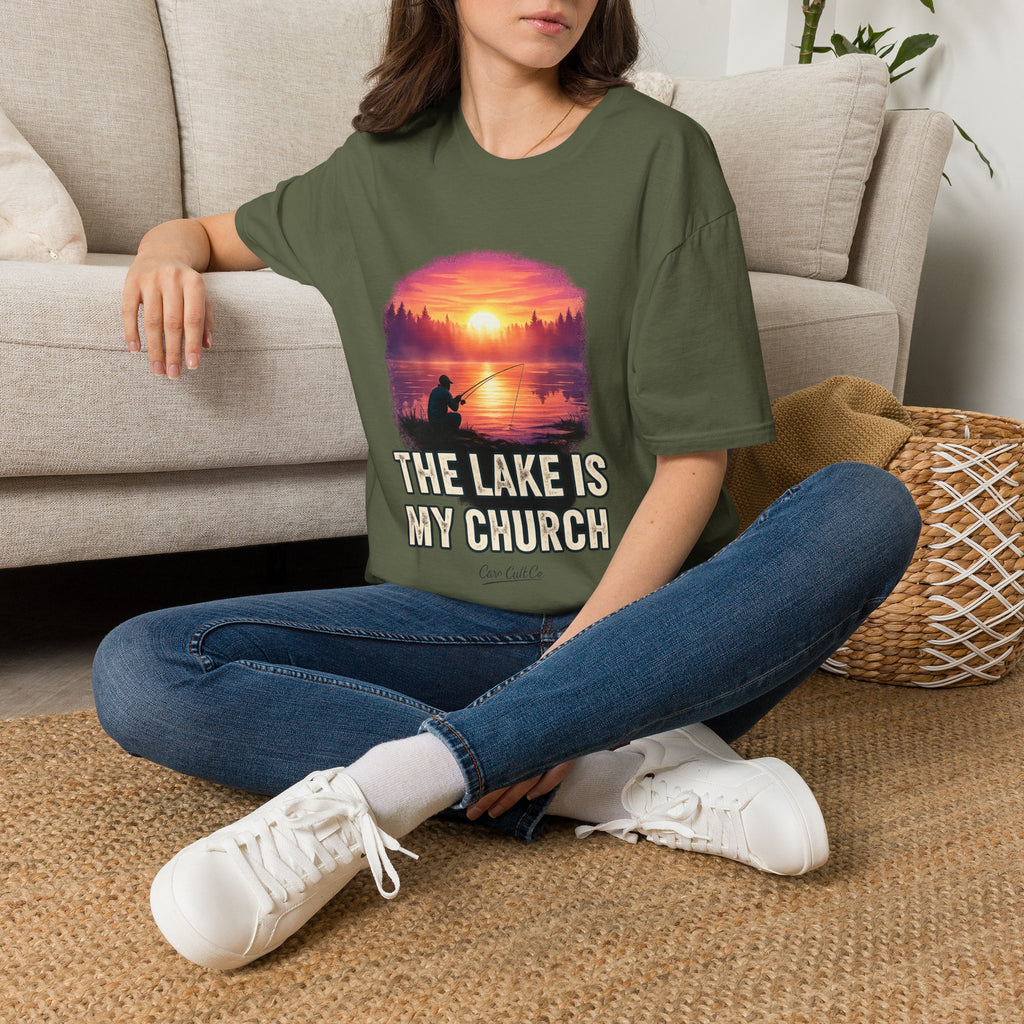 Lake Fishing T-Shirt — “The Lake Is My Church” Sunset Fishing Tee