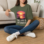 Lake Fishing T-Shirt — “The Lake Is My Church” Sunset Fishing Tee