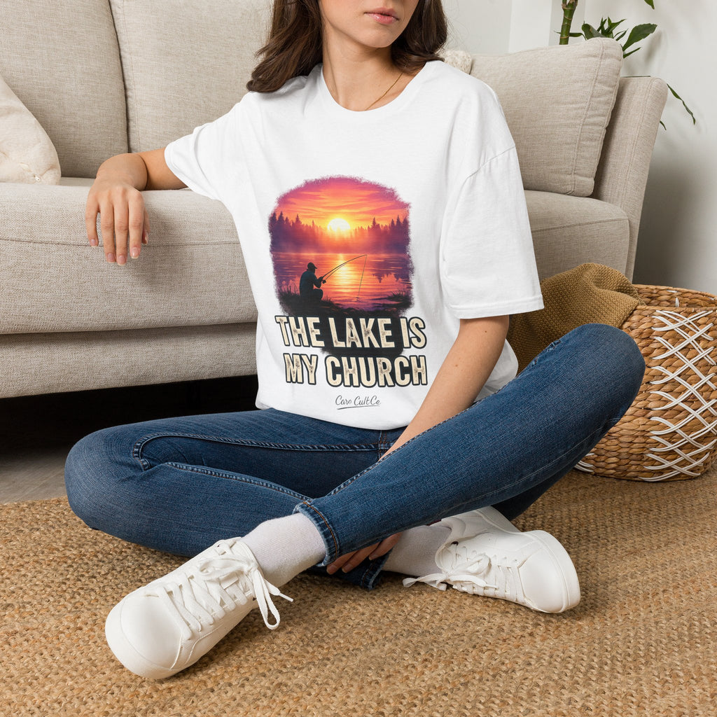 Lake Fishing T-Shirt — “The Lake Is My Church” Sunset Fishing Tee