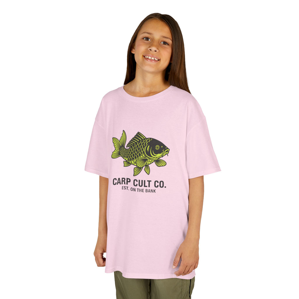 Kids Carp Cult Co. Tee — Green Carp Fishing Graphic Shirt