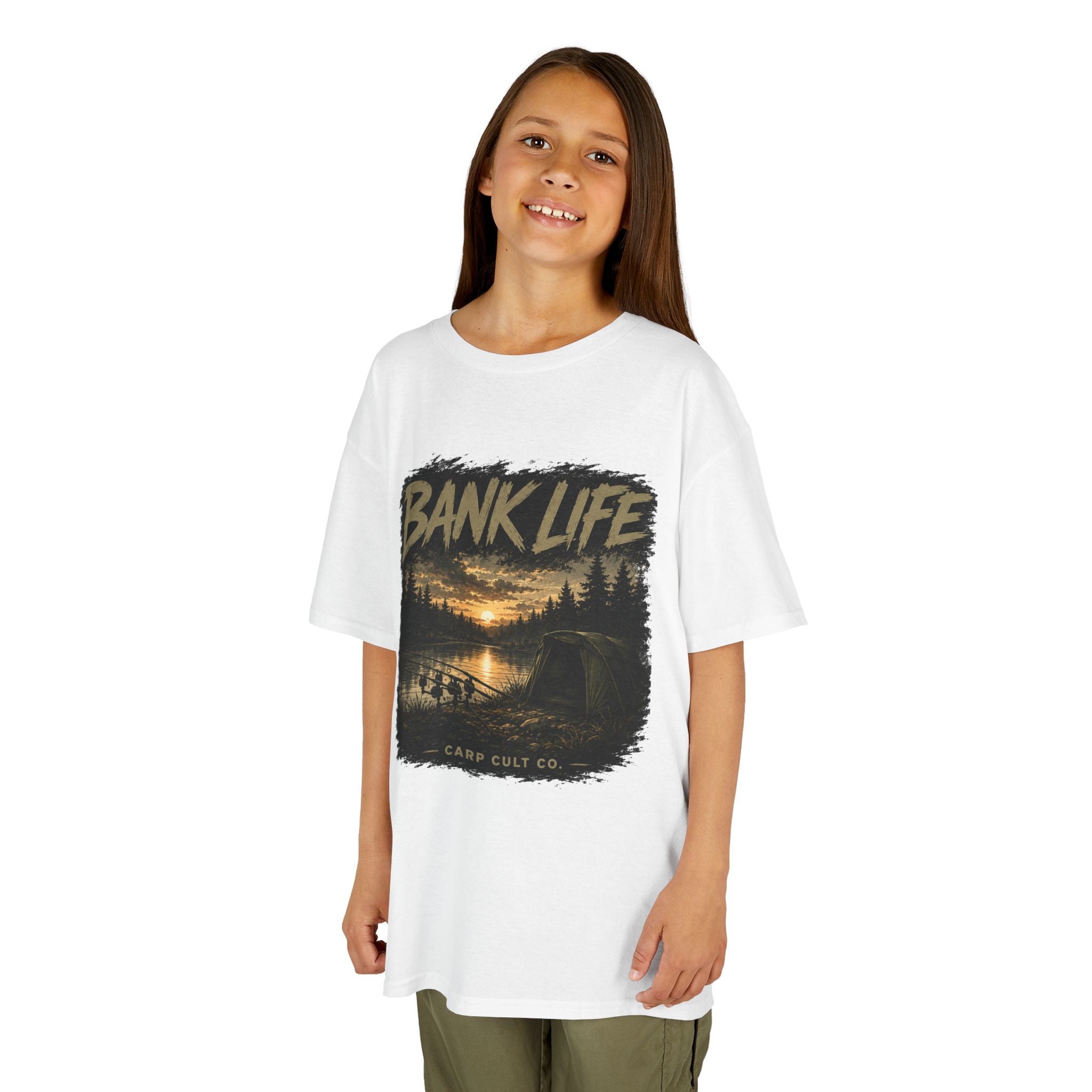 Kids Tee — 'Bank Life' Sunset Lake Fishing Graphic