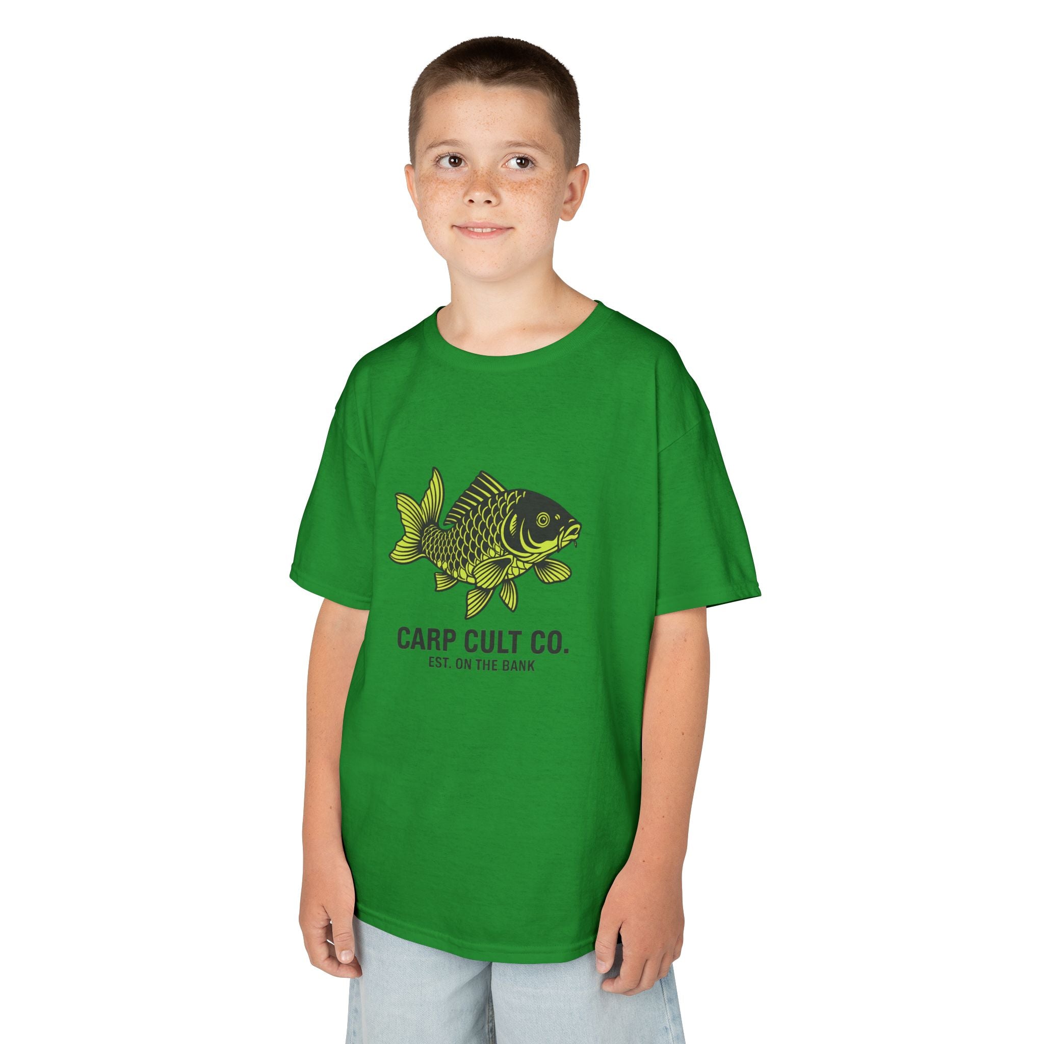Kids Carp Cult Co. Tee — Green Carp Fishing Graphic Shirt