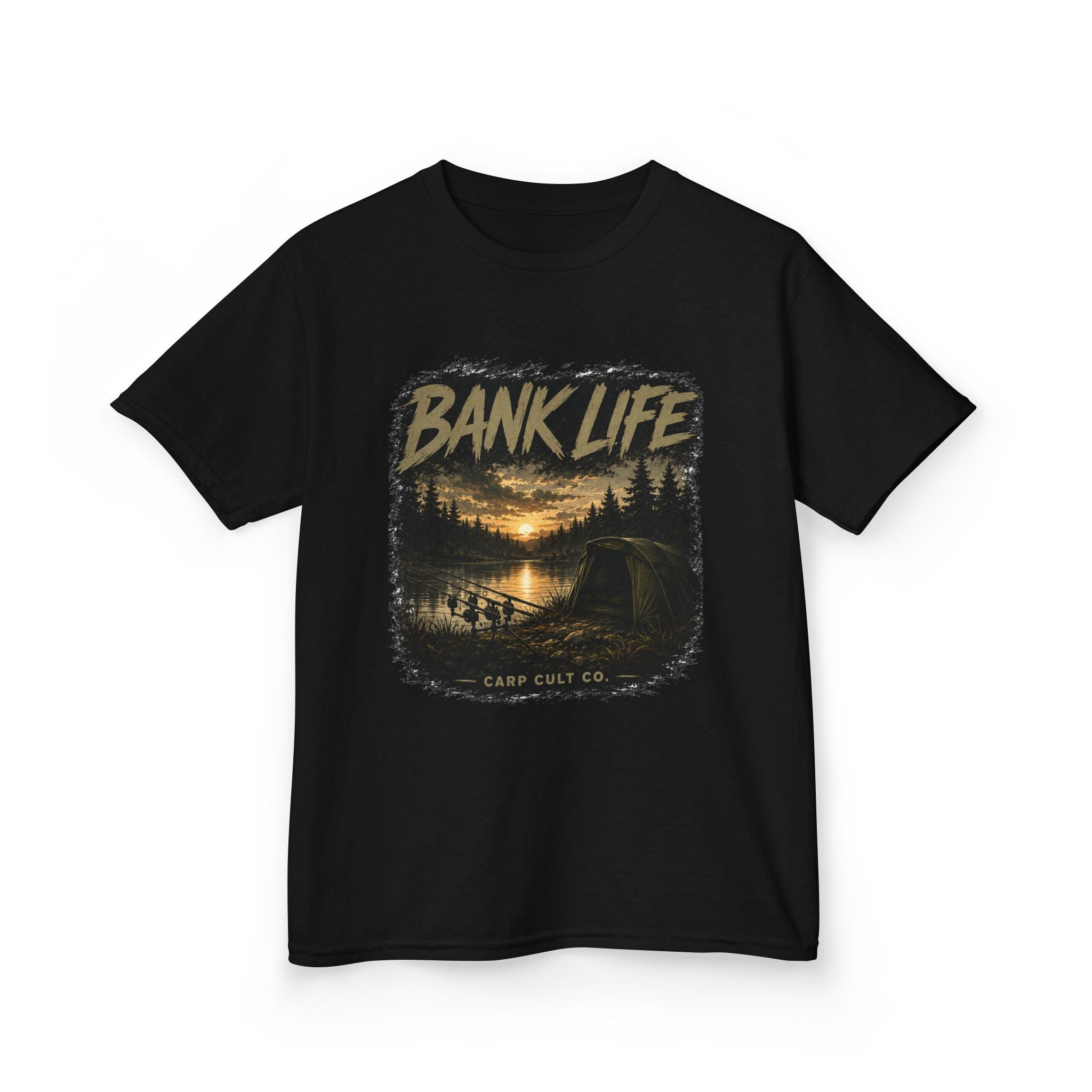 Kids Tee — 'Bank Life' Sunset Lake Fishing Graphic