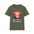 Lake Fishing T-Shirt — “The Lake Is My Church” Sunset Fishing Tee