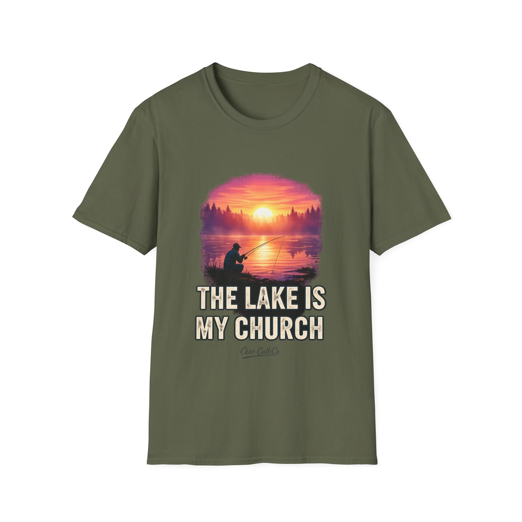 Lake Fishing T-Shirt — “The Lake Is My Church” Sunset Fishing Tee