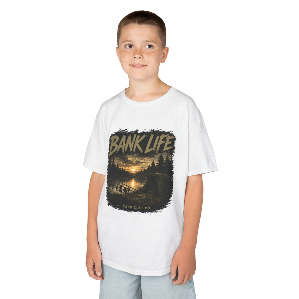 Kids Tee — 'Bank Life' Sunset Lake Fishing Graphic