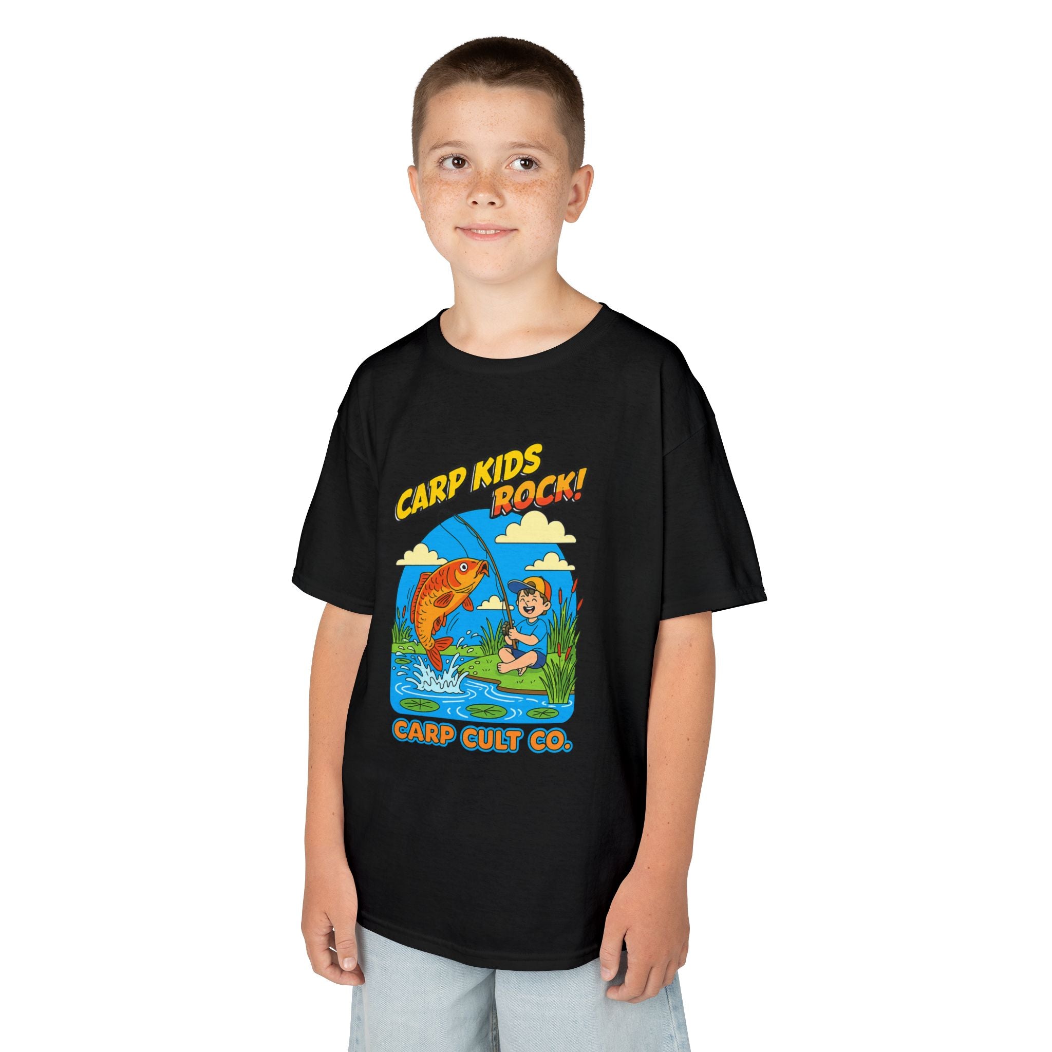 Kids Fishing Tee – "Carp Kids Rock!" Graphic Shirt for Young Anglers