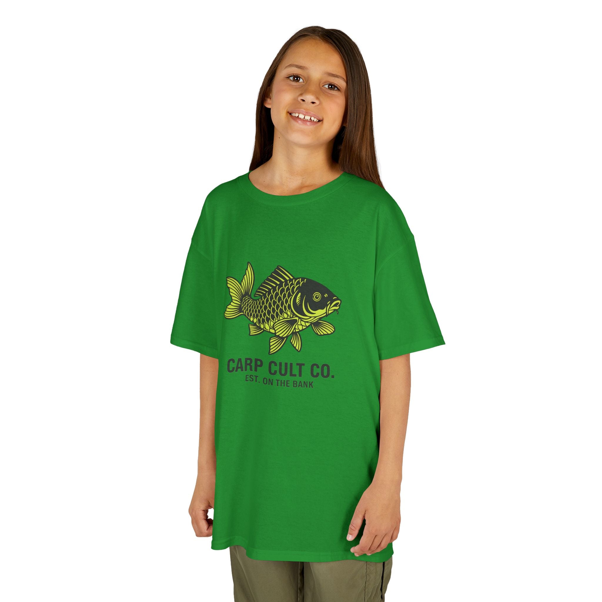 Kids Carp Cult Co. Tee — Green Carp Fishing Graphic Shirt