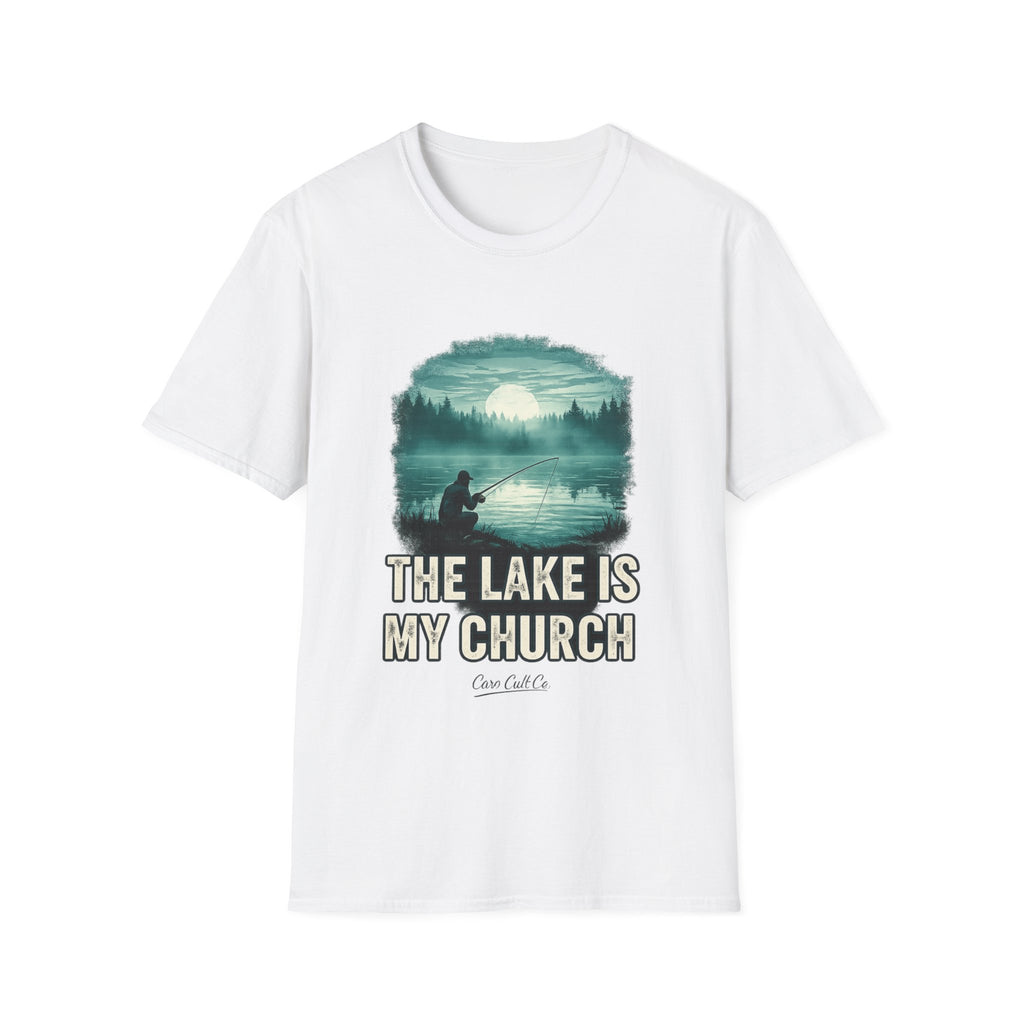 Fishing T-Shirt — “The Lake Is My Church” Scenic Fishing Shirt