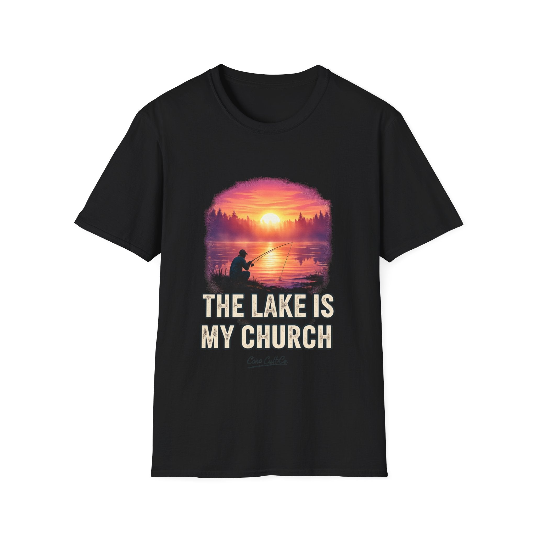 Lake Fishing T-Shirt — “The Lake Is My Church” Sunset Fishing Tee