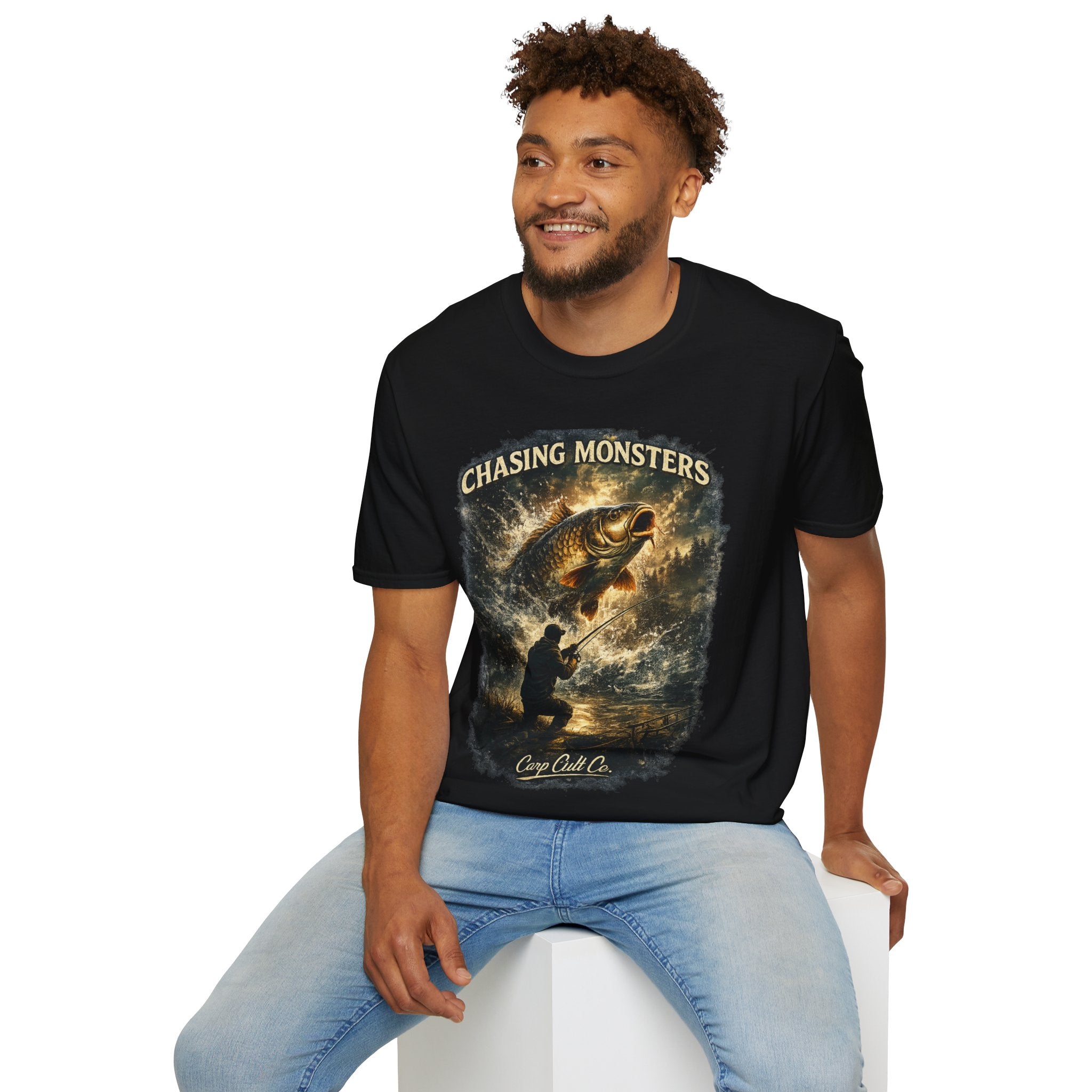 Chasing Monsters Fishing T-Shirt — Vintage Big Fish Angler Graphic Tee