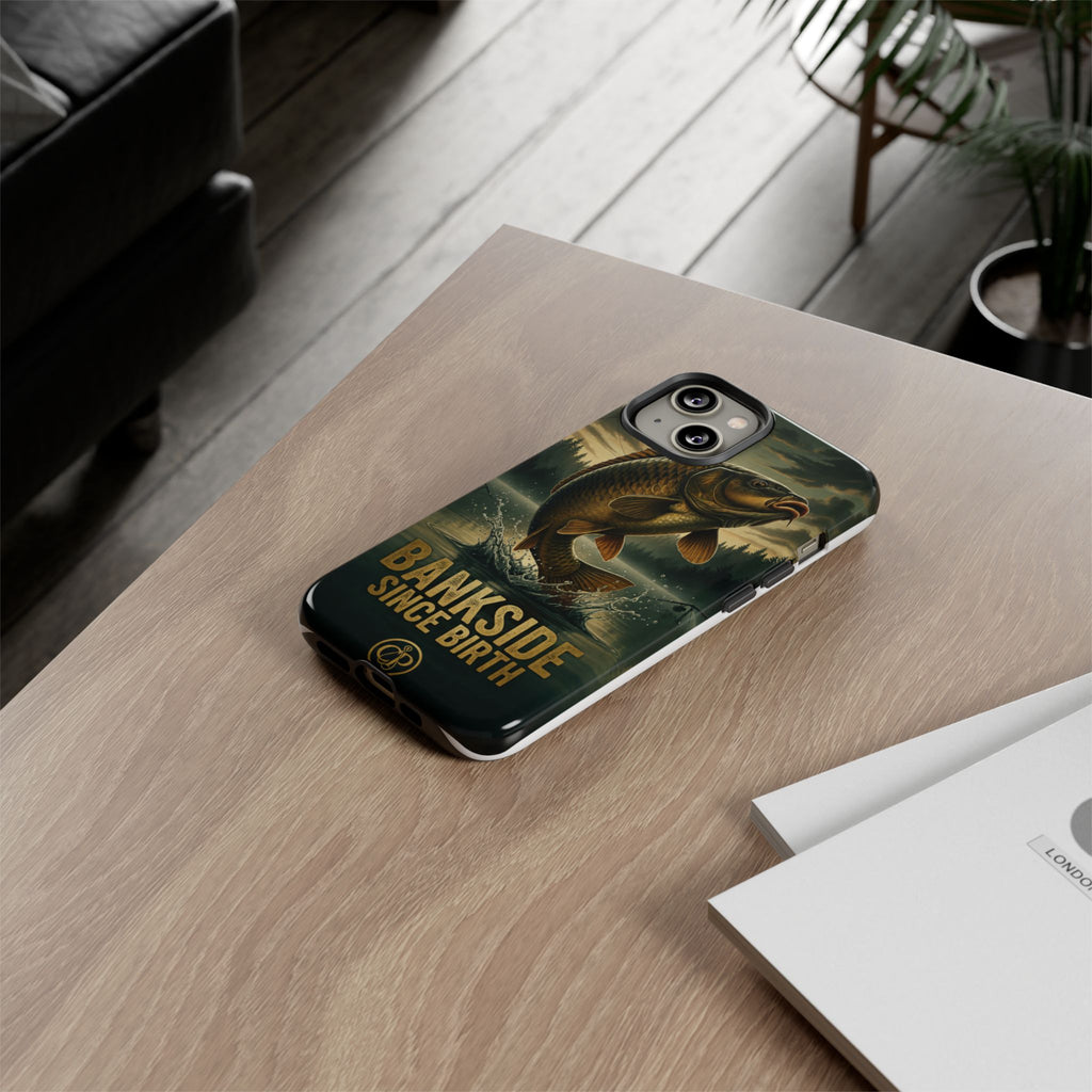Phone Case - "Bankside Since Birth" Fishing Design (Carp Jumping, Angler Gift)