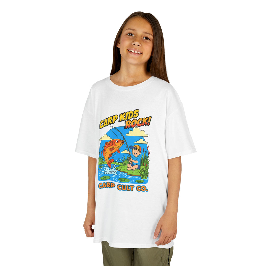 Kids Fishing Tee – "Carp Kids Rock!" Graphic Shirt for Young Anglers