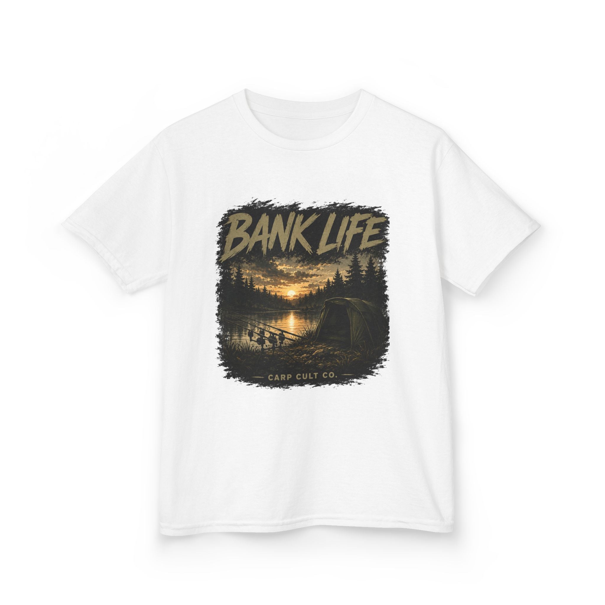Kids Tee — 'Bank Life' Sunset Lake Fishing Graphic