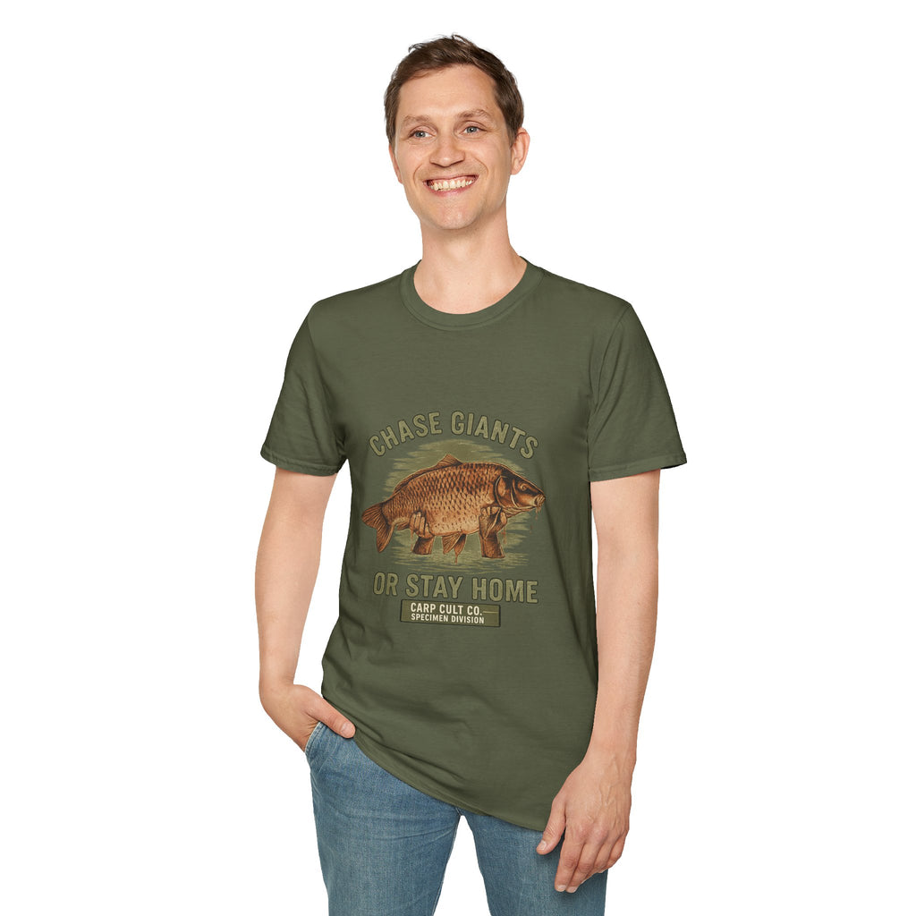 Fishing T-Shirt — “Chase Giants or Stay Home” Vintage Carp Graphic Tee
