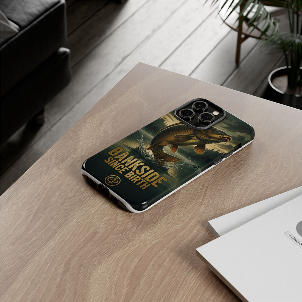 Phone Case - "Bankside Since Birth" Fishing Design (Carp Jumping, Angler Gift)