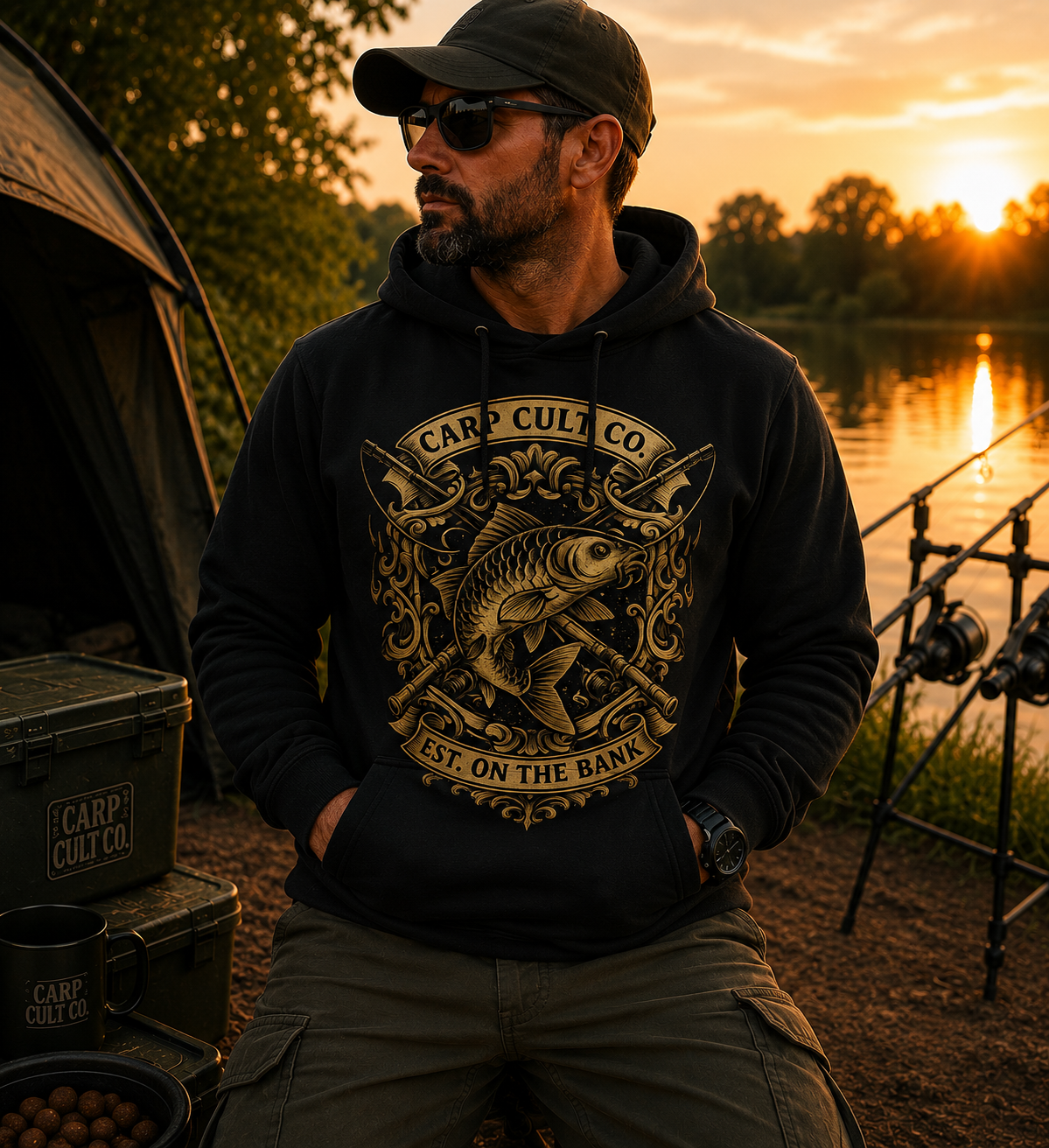 Hoodie - Vintage Gold / Carp Cult Co. est on the bank.