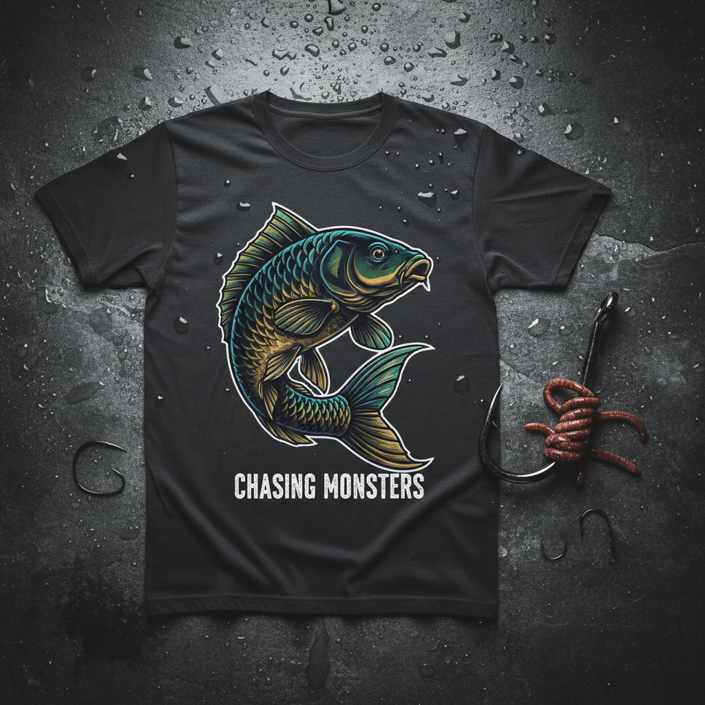 Chasing Monsters Fishing Tee - Carp Cult Co. Dark Flat Lay