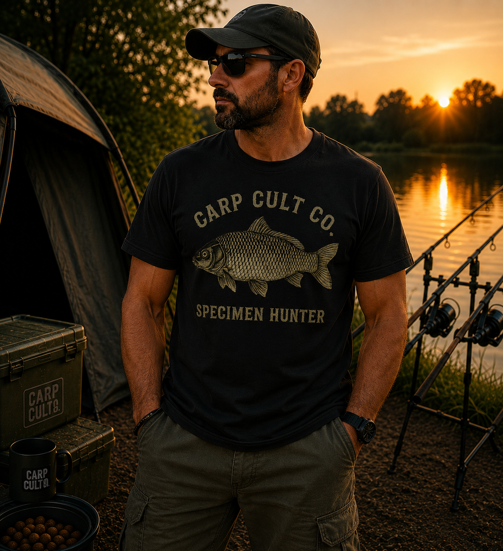 Carp Cult Co. 'Specimen Hunter' T-Shirt — Vintage Fishing Tee for Anglers